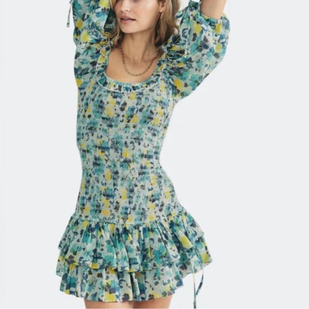 Violet Floral Cotton Smocked Drop Waist Mini Dress